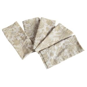 Pottery Barn Set of 5 Floral Cloth Napkins Tan Beige Neutral Botanical 20"